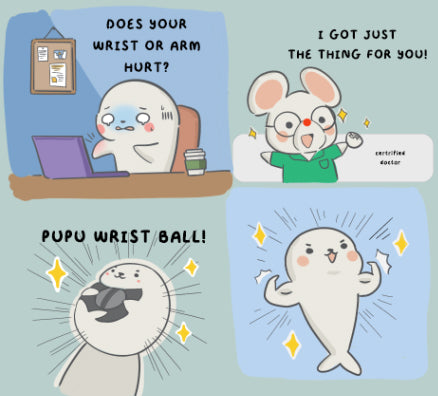 Comic strip: Dr. Shu recommends the Pupu Gyroball for sore wrists